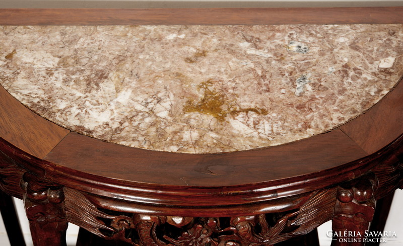 Console table with marble top. Xx. Century. Oriental style with open shelf.