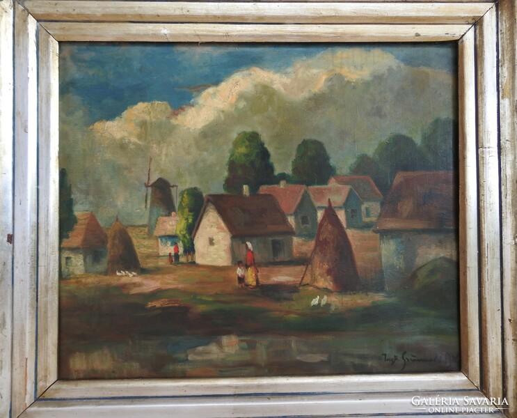 Béla Iványi Grünwald oil / canvas painting - on the village