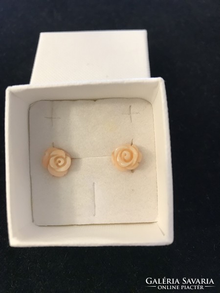 Coral earrings! Real stone! Carved rose! Silver marked 925! New!