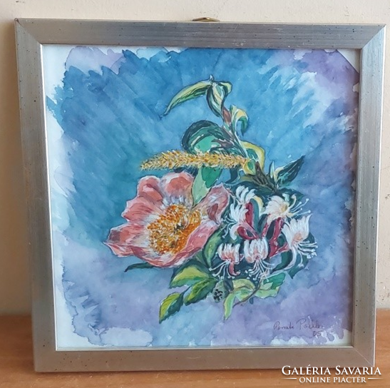 (K) lovely small floral still life watercolor 22x22 cm with frame