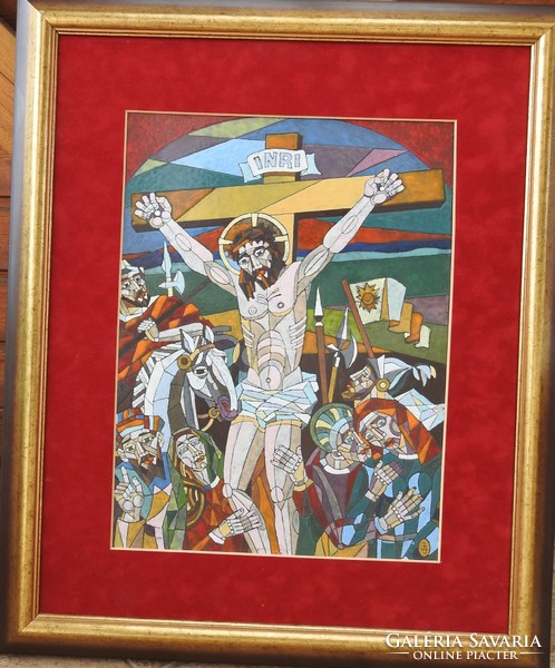 Józsa János tűzzománc kép - Krisztus a kereszten 30 cm X 40 cm + keret