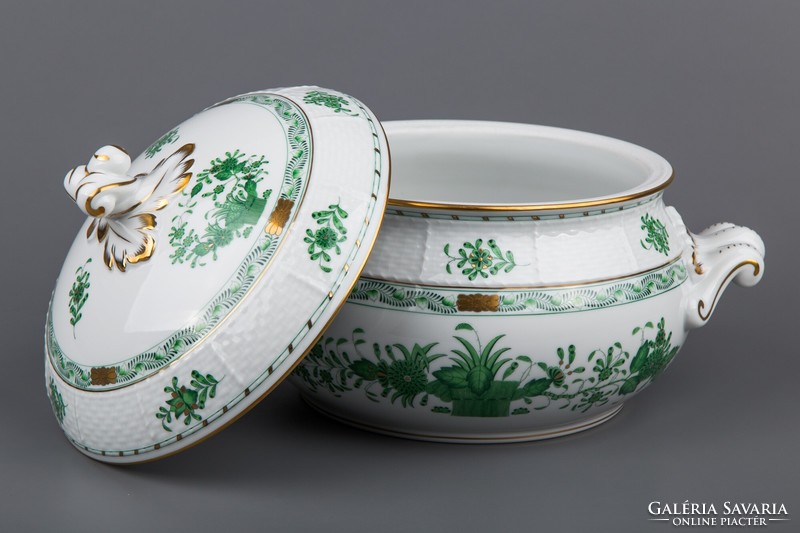 Herend green Indian basket patterned soup bowl with handle lid ii. # Mc0582