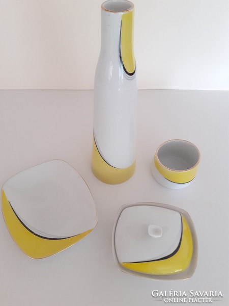 Retro Hollóházi mid century porcelán készlet Gazder Antal sárga fehér dísztárgy váza tálka bonbonier