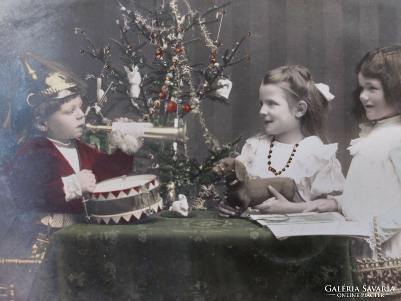 Régi karácsonyi képeslap fotó levelezőlap gyerekek karácsonyfa játékok