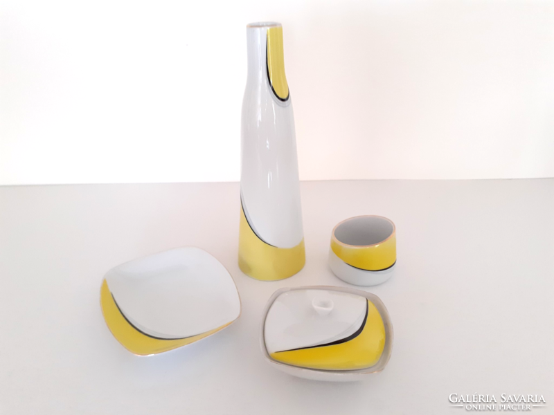 Retro Hólloháza mid century porcelain set gazder antal yellow white ornament vase bowl bonbonier