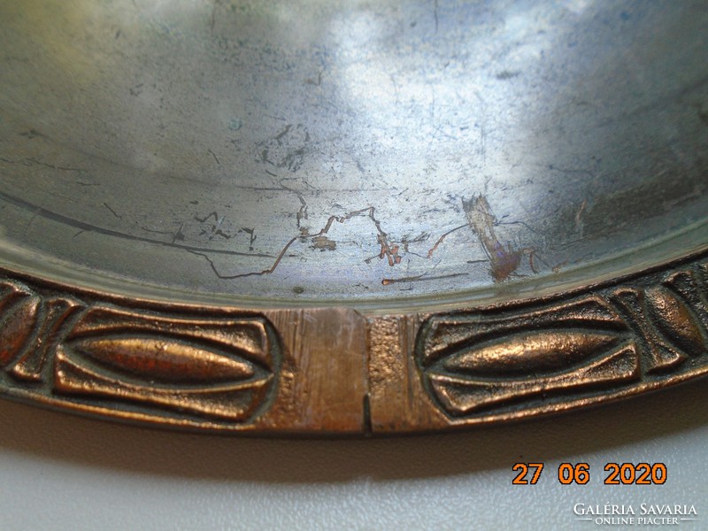Heavy round tinned copper tray with bronze embossed rim