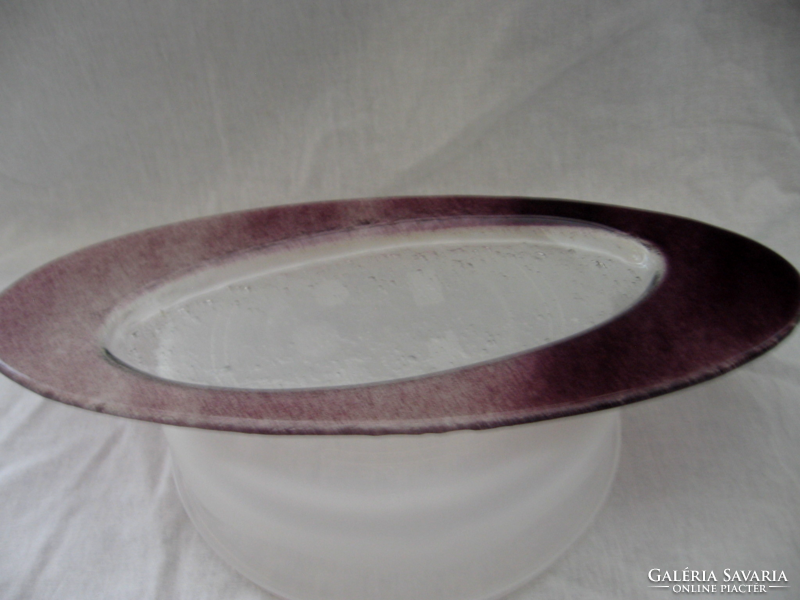 Artistic oval burgundy-transparent glass bowl, tray and candle holder