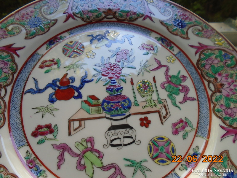 Antique Chinese decorative bowl with raised colored enamel designs, hand painted vase and lotus designs