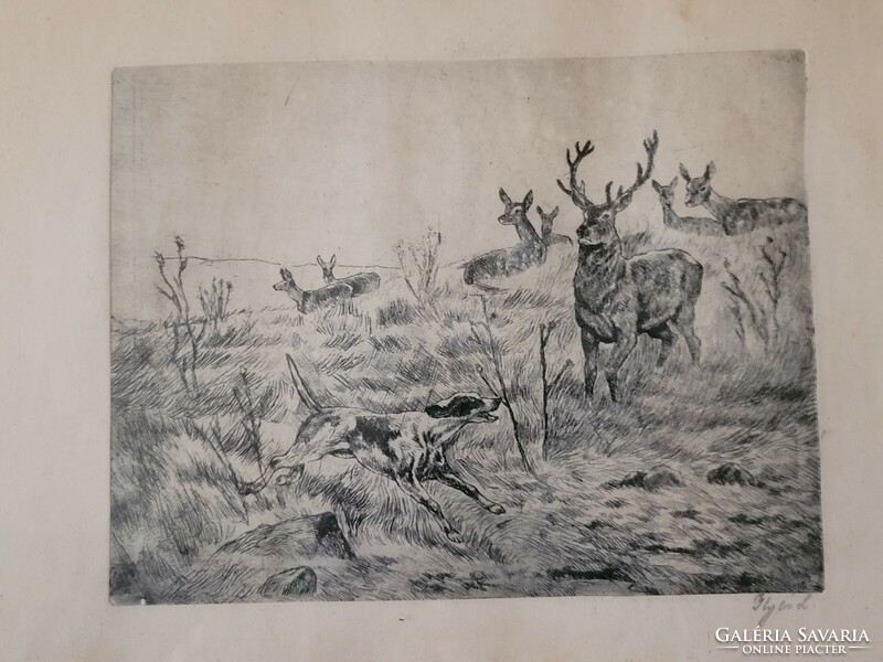 Deer antique marked etching