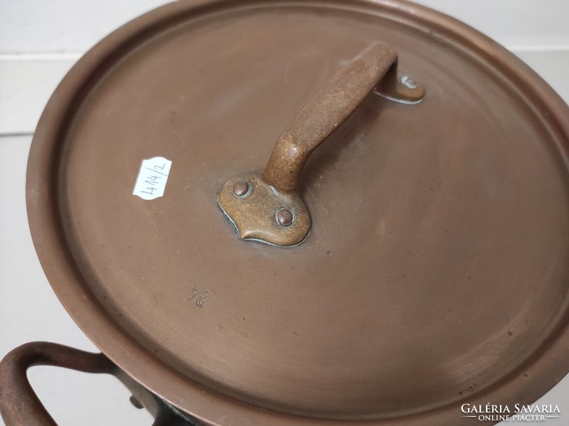 Antik patinás konyhai eszköz edény ónozott vörösréz kétfüles lábas fazék fedővel 414 5671