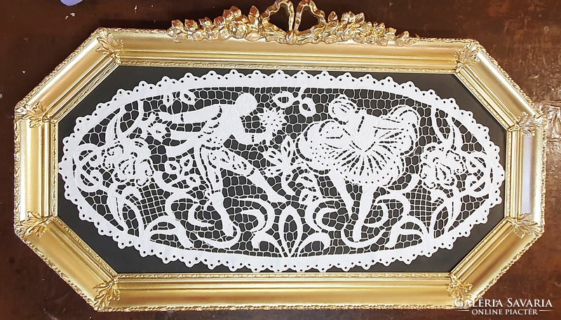 Risel, old madeira, with lace hole embroidery. 35 X 77 cm