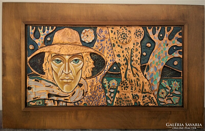 Retró fali relief domborított festett réz lemez Iparművész munka.