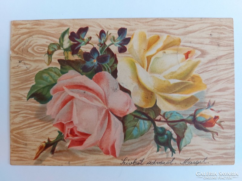 Régi virágos képeslap 1901 levelezőlap rózsa ibolya