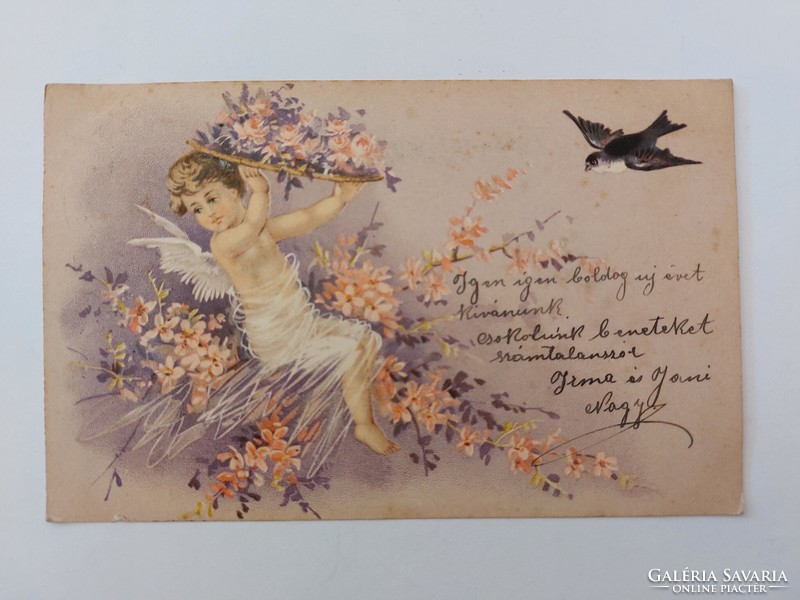 Old postcard 1901 postcard with angel swallow flower