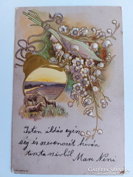 Old Easter embossed postcard 1902 postcard flowers bell lambs