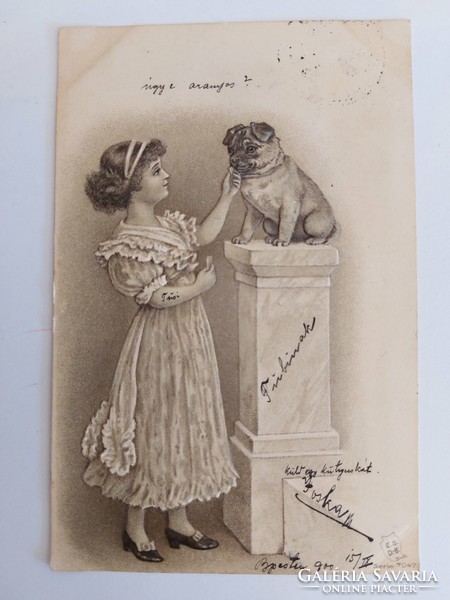 Old postcard embossed 1900 postcard with little girl puppy
