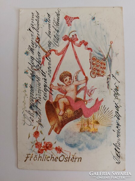 Régi húsvéti képeslap dombornyomott 1901 levelezőlap angyal harang templom