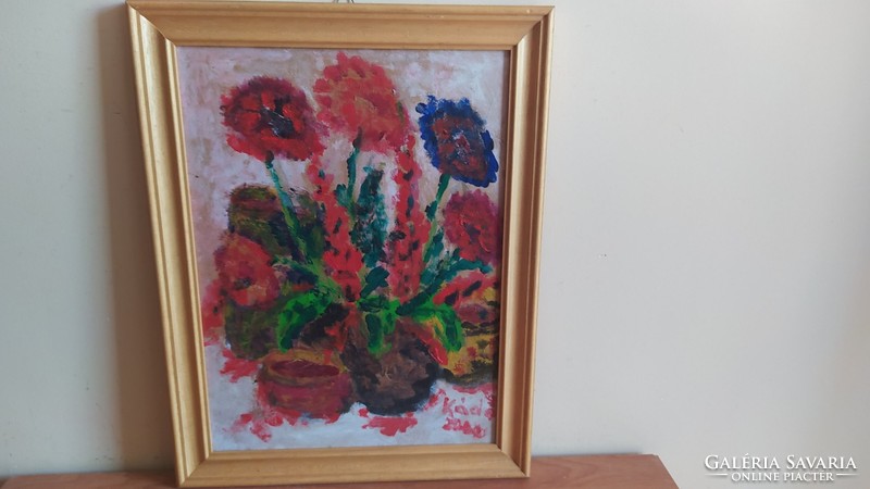 Flower still life painting painted on wood fiber with 35.5 x 46 cm frame