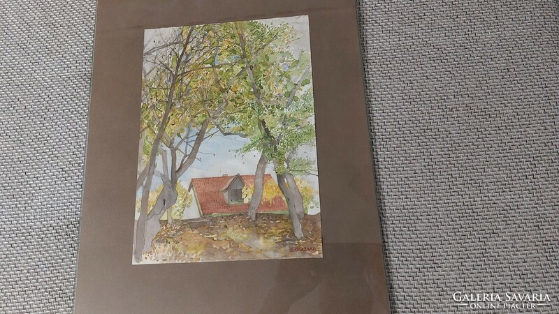 (K) S. Okazaki akvarell tájképfestmény házikóval, 40x50 cm kerettel