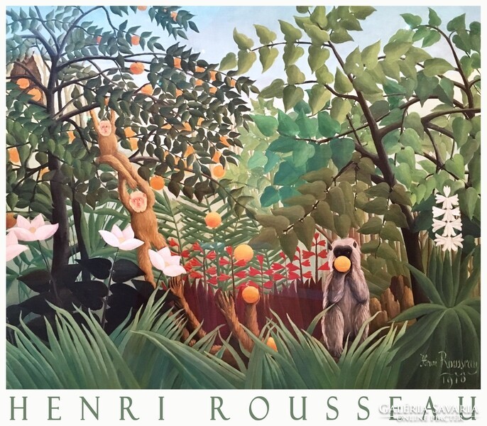 Henri Rousseau exotic landscape 1910 naive painting art poster, tropical jungle monkey primeval forest