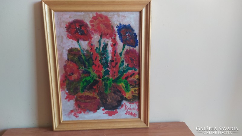 Flower still life painting painted on wood fiber with 35.5 x 46 cm frame