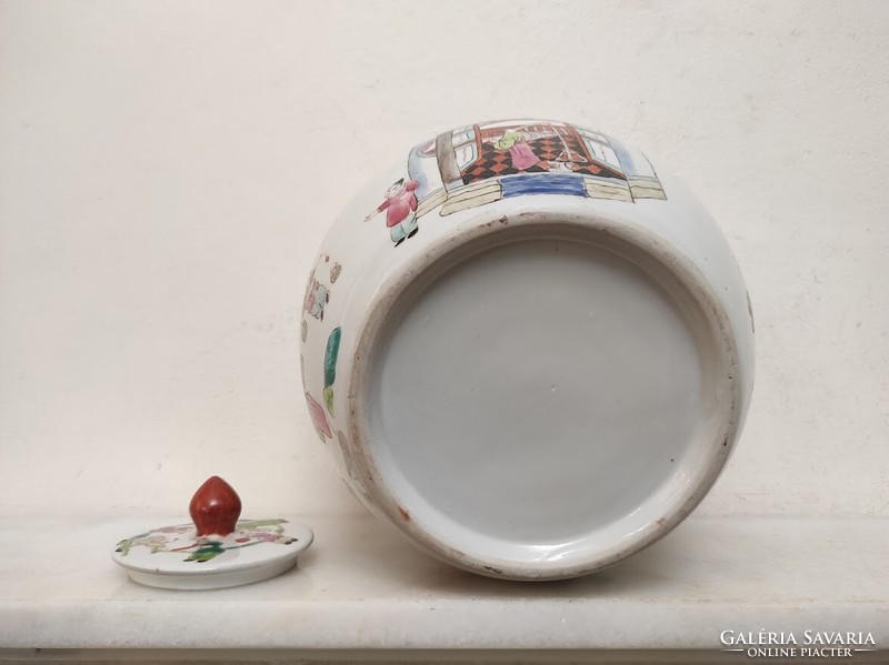 Antik kínai porcelán tojás alakú sokalakos színes fedeles urna váza életkép jelenettel 157 5612