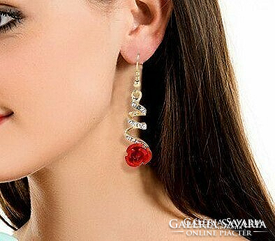 Red rose, rhinestone, spiral gold earrings