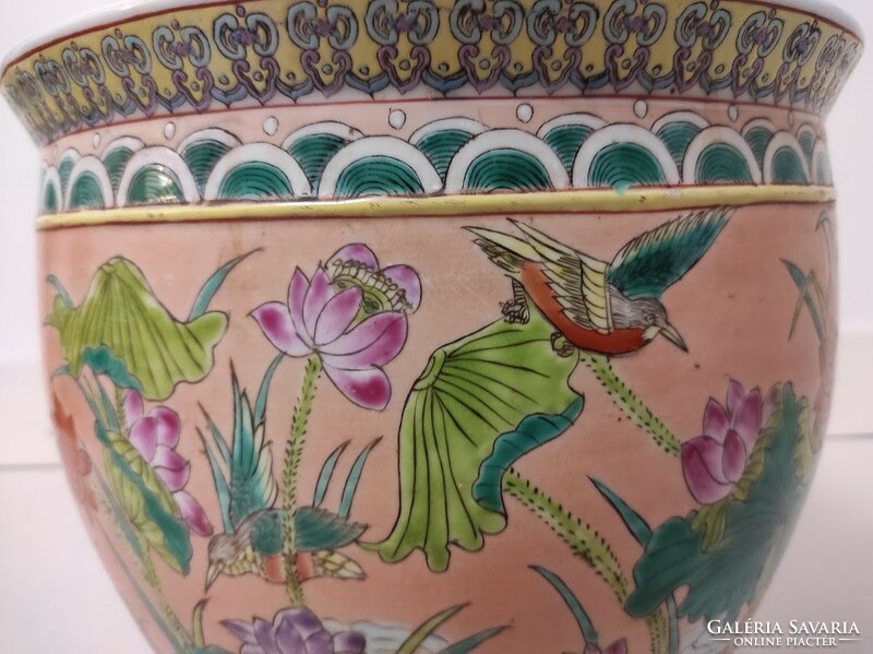 Antik kínai porcelán tojás alakú madár növény mintás színes kaspó belül aranyhalak 190 5631