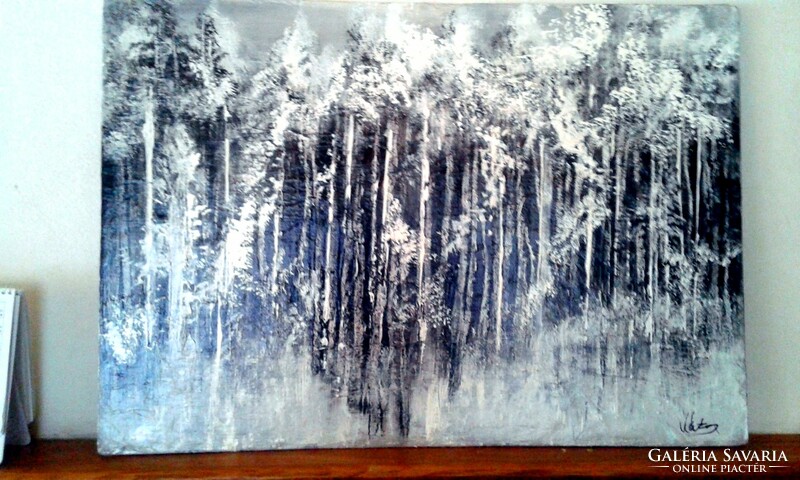 "FEHÉR-FEKETE absztrakt erdő"festmény farostlemezen 65 X 45cm-es
