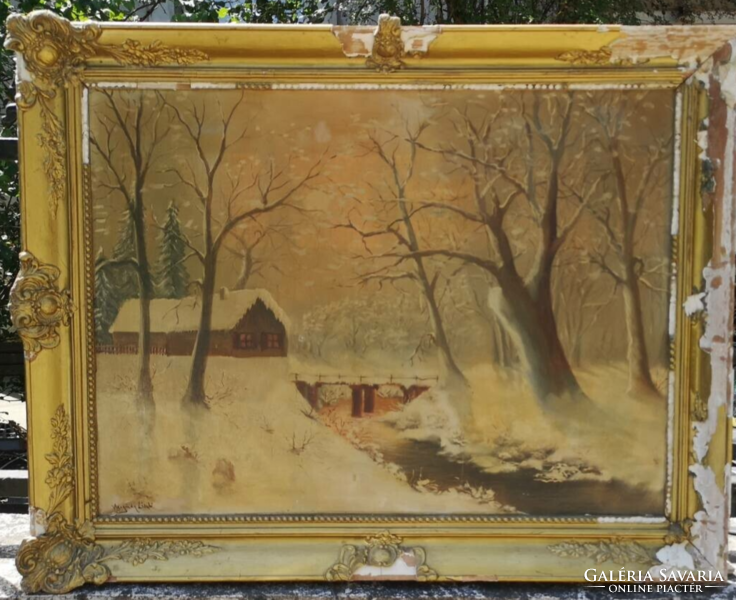 Antique Hungarian painting: winter landscape with houses