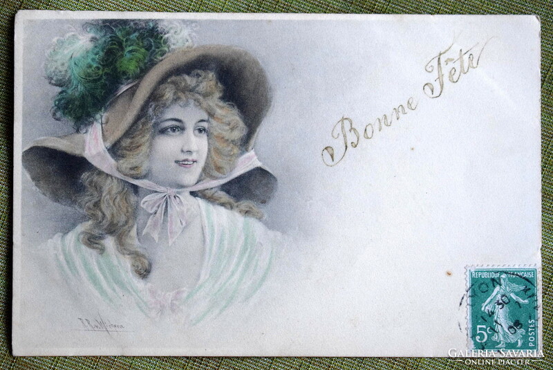 Antik MM Vienne Wichera grafikus üdvözlő képeslap hölgy