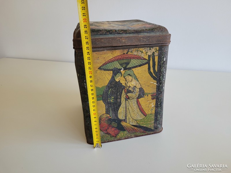 Old antique large oriental tea tin box vintage metal box 28.5 cm