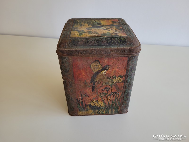 Old antique large oriental tea tin box vintage metal box 28.5 cm