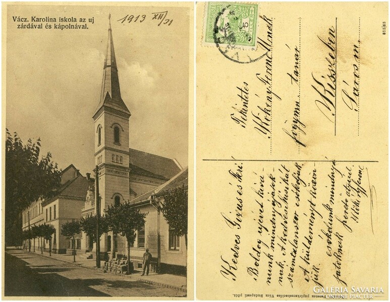 Old postcard - Vác Karolina school with the new convent and chapel, 1913