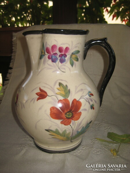 Zsolnay jug, around 1880, hand painted, with beautiful flower decor, not repaired, not restored