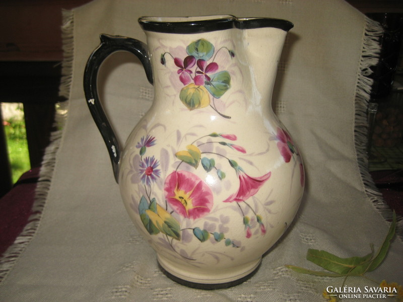 Zsolnay jug, around 1880, hand painted, with beautiful flower decor, not repaired, not restored