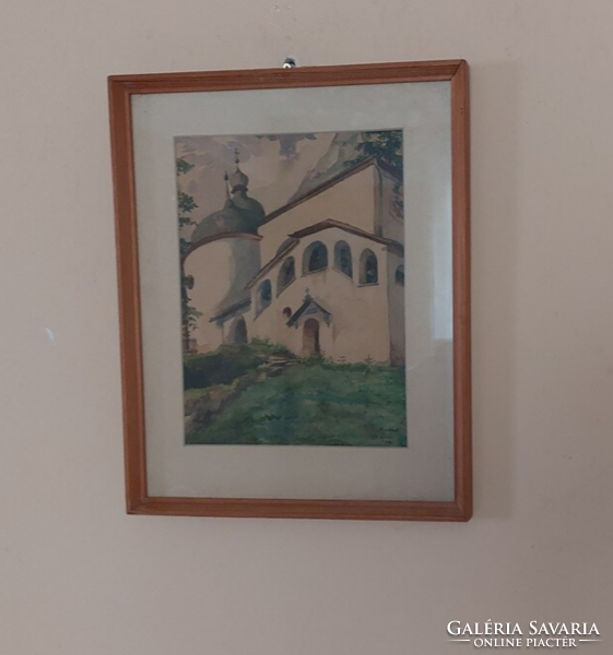 (K) Szignózott akvarell festmény 1930-ból 40x50 cm kerettel