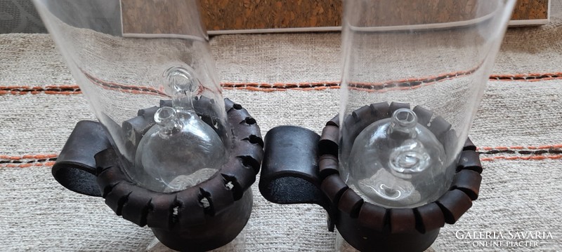 Retro glass candle holder with leather handle