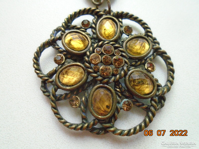 Antique bronze pendant with polished stones and bronze chain