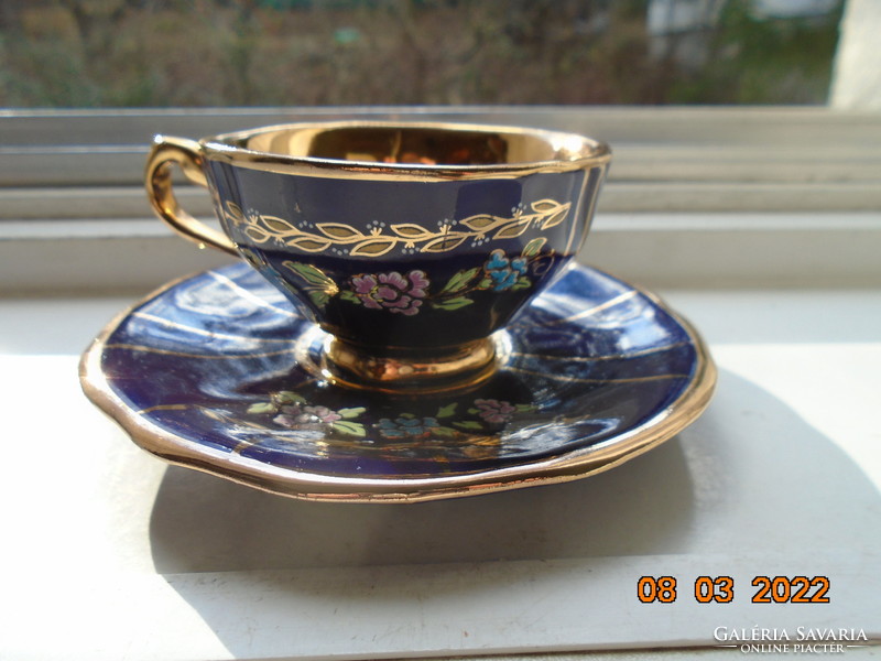 Kézzel festett Empire kobalt arany színes virágos kávés szett Limoges arany korona jelzéssel