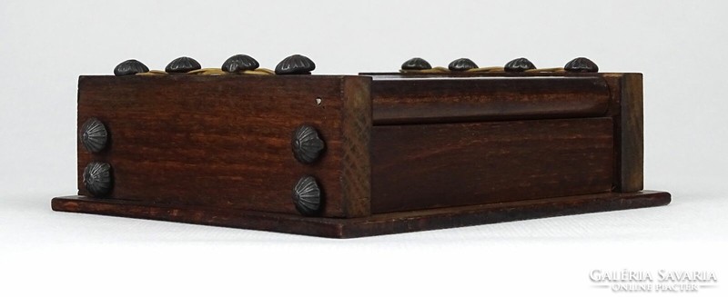 1J282 old small metal studded wooden cigarette box cigarette holder