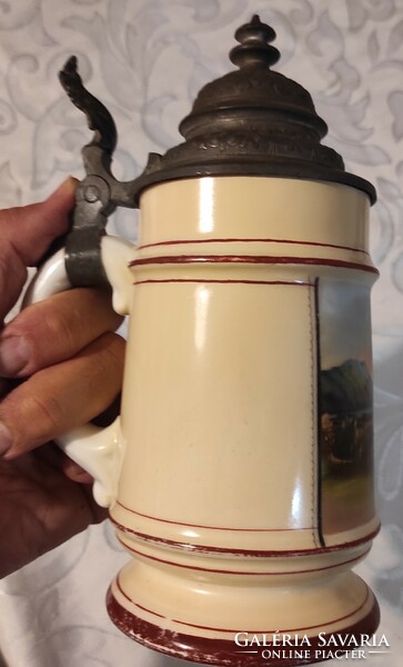 Antique tin jar! Alpine landscape cup with tin lid. Thick porcelain, signed tin cover!! Hologram, sailor