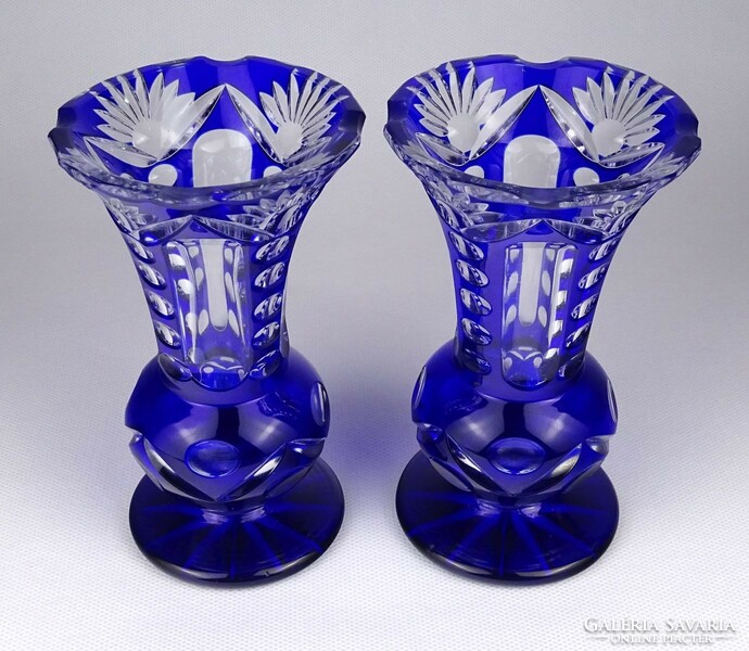 0U443 Régi kék csiszolt üveg talpas váza pár 13.5 cm