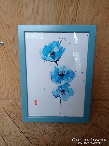 A beautiful Japanese-style ink-watercolor picture in a frame