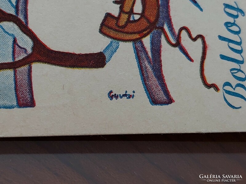 Régi újévi képeslap rajzos levelezőlap népviseletes gyerekek malac gomba lóhere szánkó
