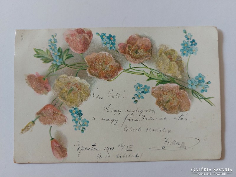 Régi képeslap 1900 virágos levelezőlap csillámos