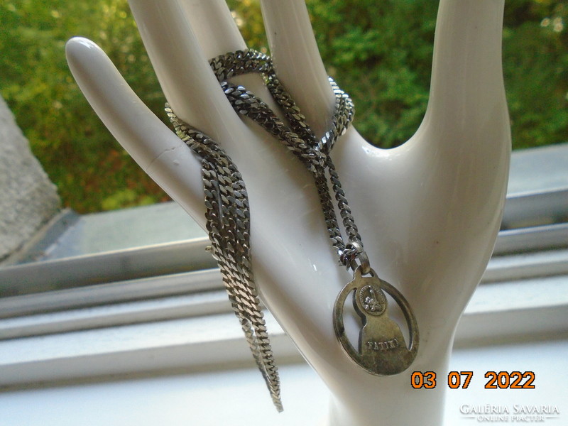 Openwork convex pendant of Our Lady Fatima with an apparition on the back, on a long flat chain