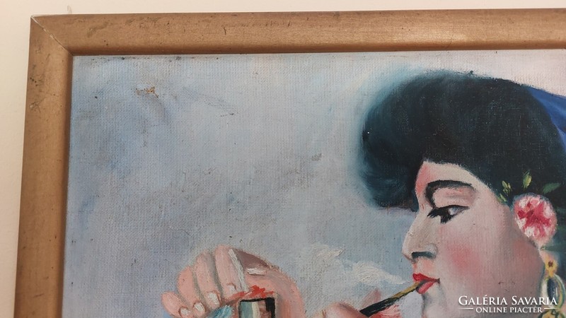 Gypsy girl smoking a pipe painting 38x52 cm