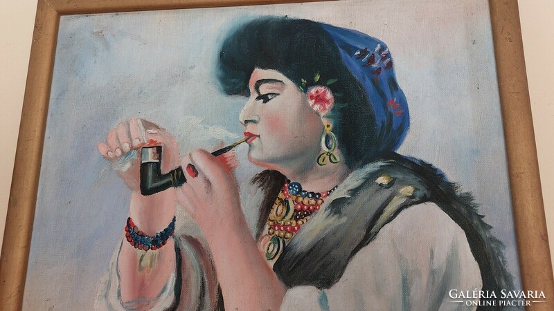 Gypsy girl smoking a pipe painting 38x52 cm