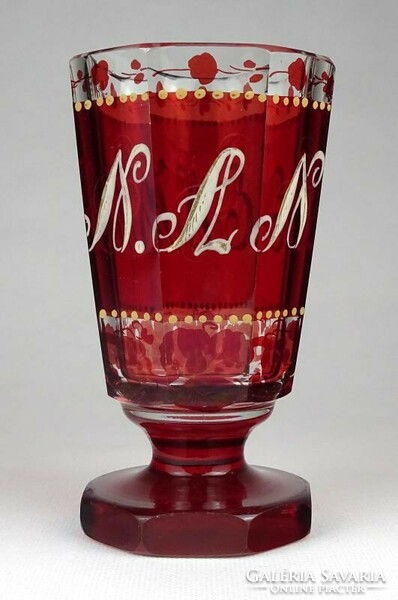 1F772 XIX. századi csiszolt bíborpácolt Biedermeier talpas fújt üveg kúrapohár 14 cm